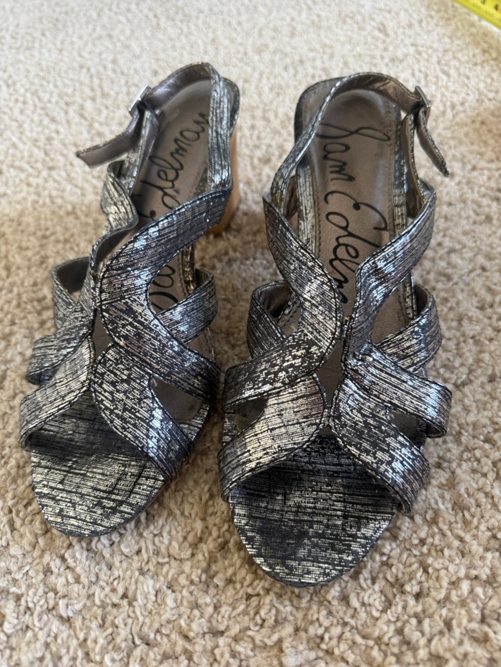 Sam Edelman Metallic Black & Silver Strappy Block-Heel Sandals 8.5
